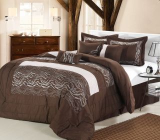 Brown, Silver & Beige 8 Piece King Comforter Bed In A Bag Set NEW