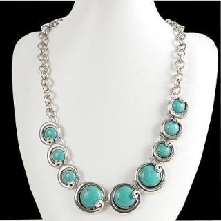 Blue Turquoise Bead Tibet Silver SP Vintage ST Pendant Necklace gi432