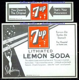 UP with LITHIUM1931 Antique 7up SODA Bottle LABELS