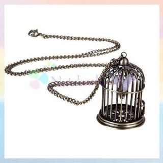 White Dove Vintage Swing Bird in Cage Pendant Necklace