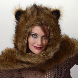 Long Grizzly Bear Animal Faux Fur Ski Winter Snow Hat Hood With Paws