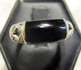 Antique 1940s Sterling Silver Black Onyx Inlay Filigree Marcasite Ring