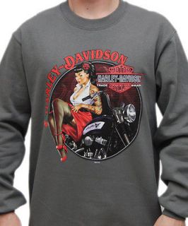 Harley Davidso n Mens Vintage Pin Up Girl Grey Pullover Crew Neck