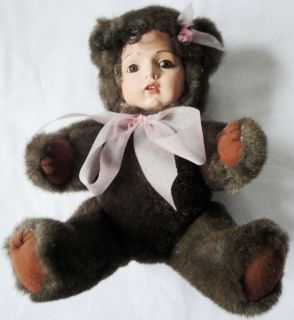Porcelain Doll faced teddy bear   ONE OF A KIND  Female doll face hand