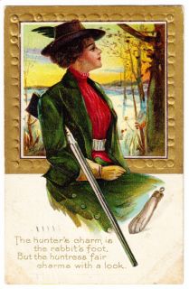 Woman Hunter With Shotgun, Postcard, Rabbits Foot, Hunting,, Sports