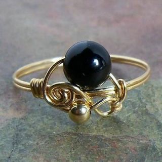 Black Onyx Gemstone Swirl Bead Ring in 14k Gold Filled or Sterling