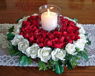 FLORAL CENTERPIECE with Glass Globe Silk Flowers Red and White Roses