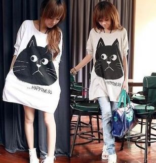 New Women Loose black cat milk round neck T shirt dress E153