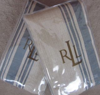 Ralph Lauren LAKE HOUSE Stripe Herringbone Tan Blue STD Pillow Shams