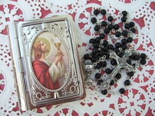 Catholic ROSARY Black Glass in Jesus HOLY COMMUNION Chalice metal
