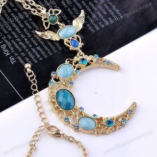 Blue Crystal Faceted Resin Bead Luna Crescent Moon Pendant Necklace