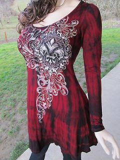 Vocal Black Lace Tie Dye Crystals Red Tunic Shirt Dress Western Bling