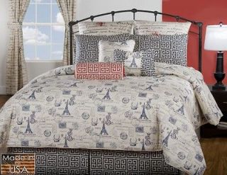 4pc Royal & Navy Blue/Coral Romantic Paris City Design Comforter Set