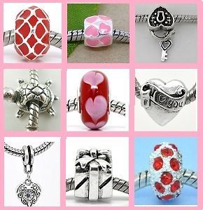 Many Charm Beads for European Style Bracelets  Love Hearts Red Bling