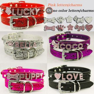 Bling Diamante Personalized Leather Dog Cat Collar Free Name (Pink&No