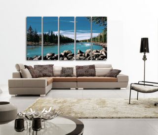 Blue River & Rocks Quality Wall Huge Canvas Set READY TO HANG Two Big
