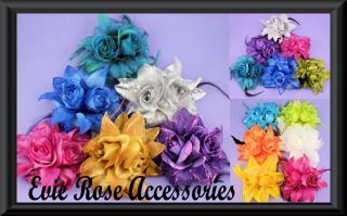 NEW TWO ROSE CLUSTER SPIKED PETAL FLOWER CORSAGE FEATHER SPRAY HAIR