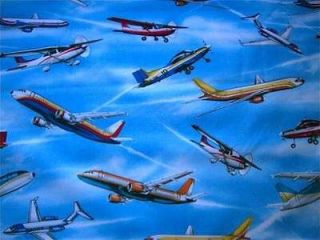 Elizabeth Studio Fabric In Motion Planes In The Sky on Blue