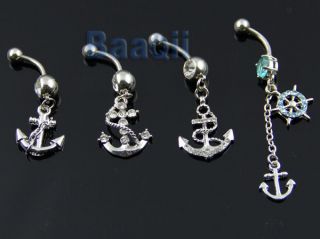 Steel Ship Anchor Helm Dangle Blue Belly Navel Bar Ring Body Jewelry