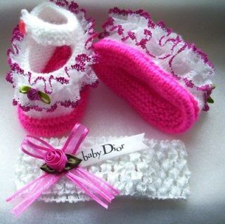 MONTH BABY GIRL DESIGNER RIBBON HEADBAND HAND KNIT LACE SHOES