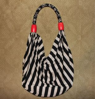 Vtg Large French striped hobo bag braided rope strap wooden beads