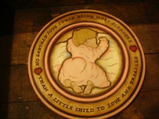 BEAUTIFUL Folk Art Baby Girl Saying Wood Carving Plate Signed Dated