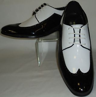 Mens NYE Black & White Shiny Patent Wingtip Spectator Shoes Harlem