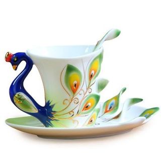 NEW Fine Bone Enamel Porcelain Peacock Coffee Cup 3PC Set Saucer