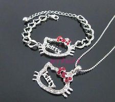 2pc HELLO KITTY Crystal Red Bow KITTY Letter Necklace Bracelet Set