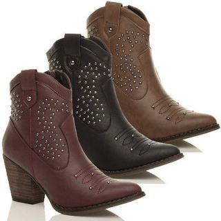WOMENS LADIES STUDDED STITCHED COWBOY PULL ON WESTERN ANKLE MID HEEL