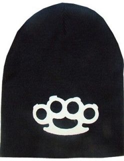 Knit Beanie Hat Cap Black White Brass Knuckle Duster Punk Goth