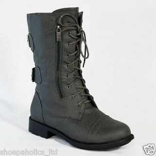 GRAY Womens Buckled Lace up Military Combat Mid Calf Boots Size 5.5