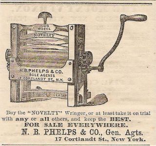 VERY OLD 1869 PHELPS NOVELTY CLOTHES WRINGER AD NEW YORK