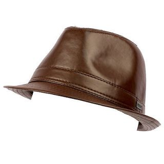Mens Faux Leather Polished Shiny Vintage Fedora Trilby Hat Brown 56cm
