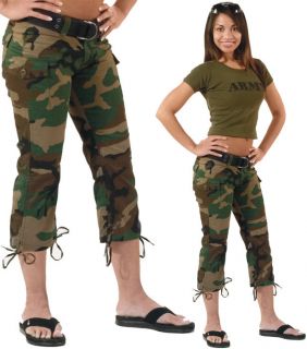 Womens Mid Calf Woodland Camo Shorts Camouflage Capri Army Pants