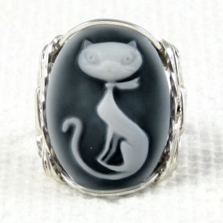 Classy Kitty Cat Cameo Ring Sterling Silver