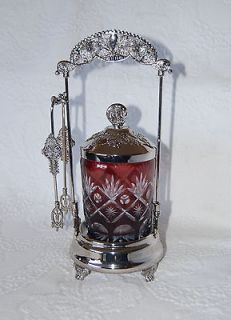 GLASS PICKLE JAR ~ New ~ SILVER PLATE CASTOR & TONGS Downton Look
