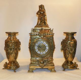 French Clock Set with Two Vases. Late 19th to Early 20th Century.