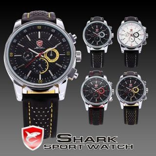 Fashion Silver Case Date Day Leather Sport Analog Quartz Wrist Watch
