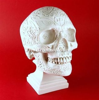 HEAVY CELTIC SKULL   MARBLE SCULPTURE ON STAND
