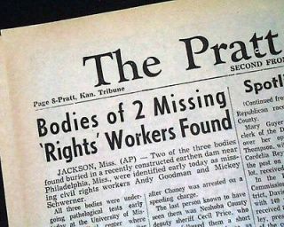 MS Civil Rights Workers James Chaney BODIES FOUND 1964 Newspaper