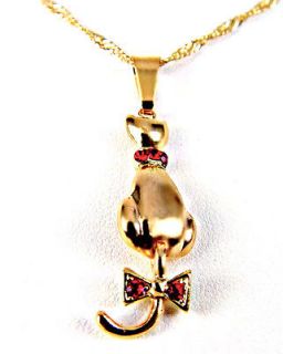 18k Red Crystal Cat Kitten Kitty Pendant Charm & Chain Necklace Lady
