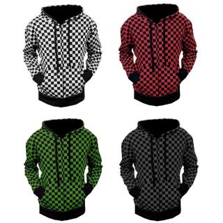 Mens Check Checked Checker White Black Green Red Zip Up Hoodie S XL