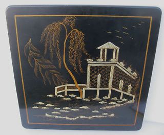 BLACK LACQUER CHINOISERIE ORIENTAL PANEL / TABLE TOP 20 SQUARE