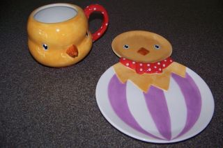 Department 56 Easter Chick Figural Cup & Dish Hand Painted Ceramic
