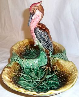 Mint Antique English Majolica Server with a Heron