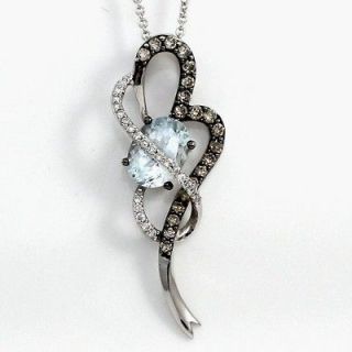 Gold Aquamarine Chocolate/Clea​r Diamonds Heart Pendant Necklace