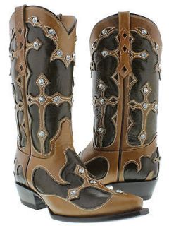 New womens cowboy boots ladies dance leather cross rhinestone jewel