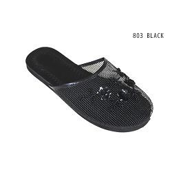 Women’s Chinese Mesh Floral Sequined Slippers Flip Flops Black Size