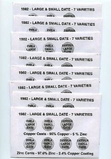 1982 LARGE AND SMALL DATE 7 COIN PENNY SETS L@@K